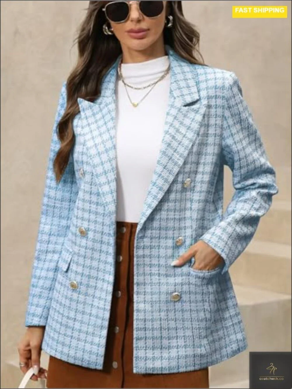 Women's Oversized Plaid Tweed Blazer Boyfriend Style Double Breasted